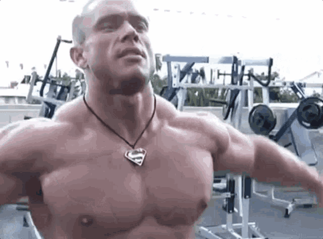 a shirtless man is wearing a superman necklace in a gym .