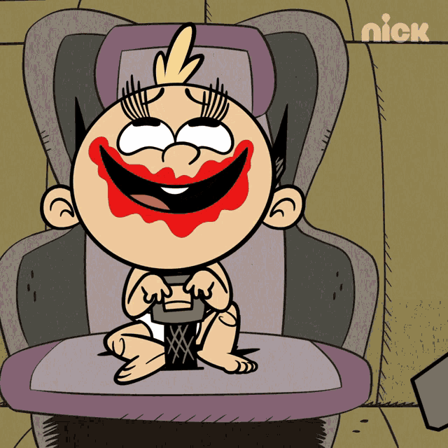 a cartoon of a baby sitting in a car seat with nick written on the bottom