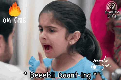 a little girl is making a funny face with the words beeebli daant-ing above her