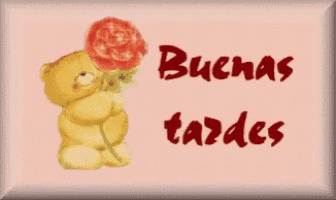 a teddy bear is holding a rose and says buenas tardes on the bottom