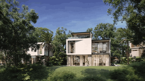 an artist 's impression of a modern house surrounded by trees and grass