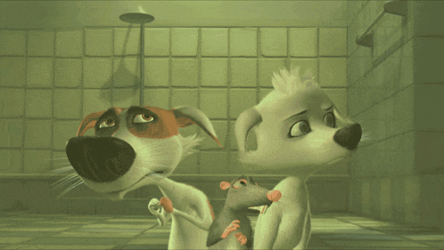 a dog and a rat are standing next to each other in a bathroom