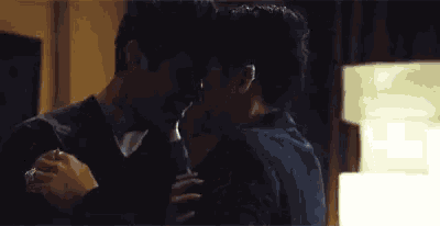 a couple of men are hugging each other in a room and kissing .