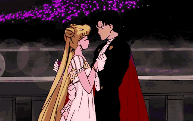 a drawing of a man and a woman dancing with purple lights in the background