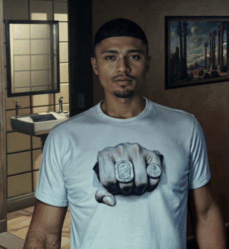 a man wearing a white t-shirt with a fist with rings on his fingers