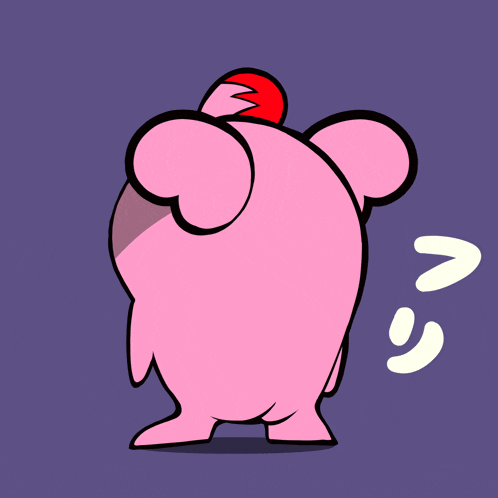 a cartoon drawing of a pink bear with a red hat