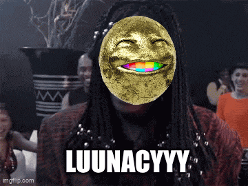 a man with dreadlocks is wearing a gold mask with a rainbow smile and the words luunacyyy on the bottom