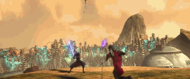 a computer generated image of two people fighting in a field with a mountain in the background