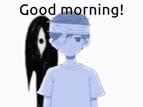 a drawing of a boy with a bandage on his head and the words good morning