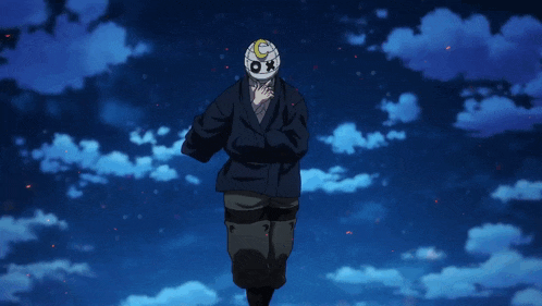 a man with a mask on his face stands in front of a cloudy sky