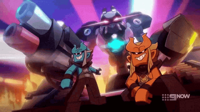 two cartoon characters are standing in front of a robot with the number 5 now written on the bottom