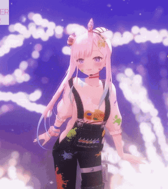 a girl with pink hair and overalls stands in front of a sign that says ' er '