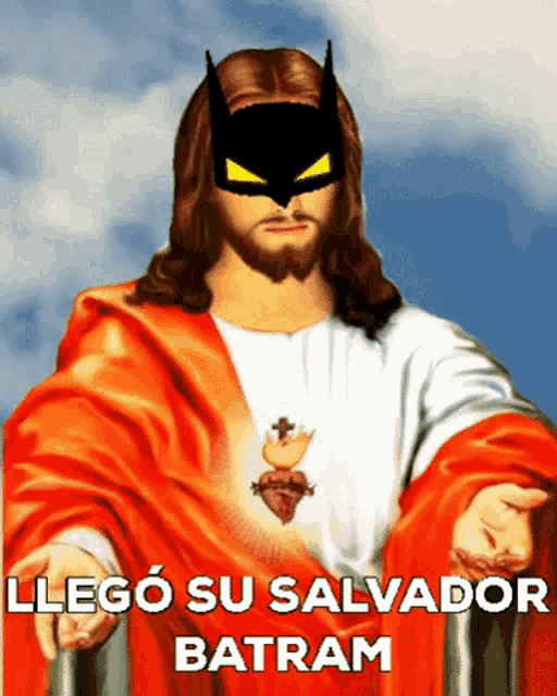 a painting of jesus wearing a batman mask
