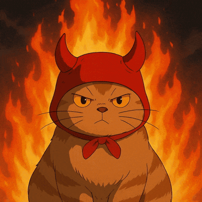 a cat wearing a red hat with horns and a scarf around its neck
