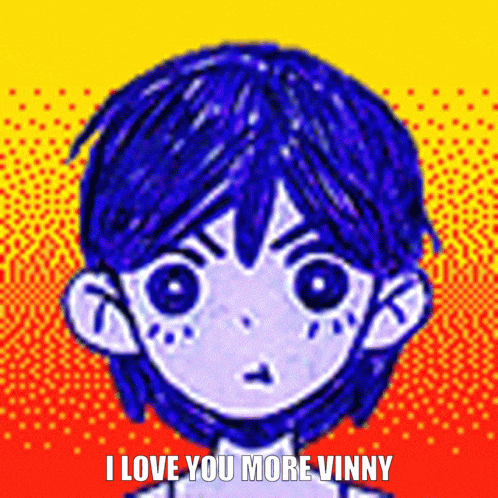 a pixel art of a boy with blue hair and the words i love you more vinny