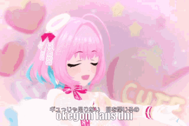 a girl with pink hair is dancing with the words okegom fans on the bottom