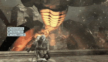 a screenshot of a video game shows a huge monster and a few buttons including horizons hr and verticals