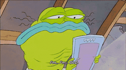 a cartoon character says i 'm old while holding a book