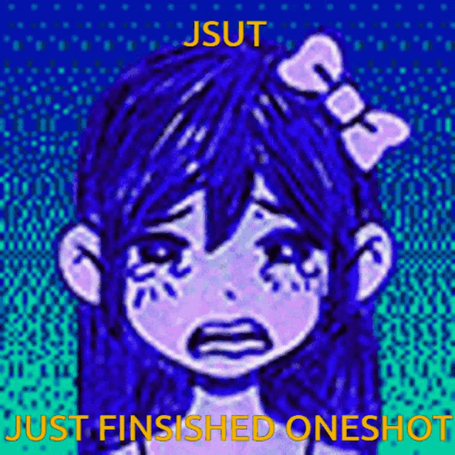 a drawing of a girl with blue hair and a bow in her hair with the words just finished oneshot below it