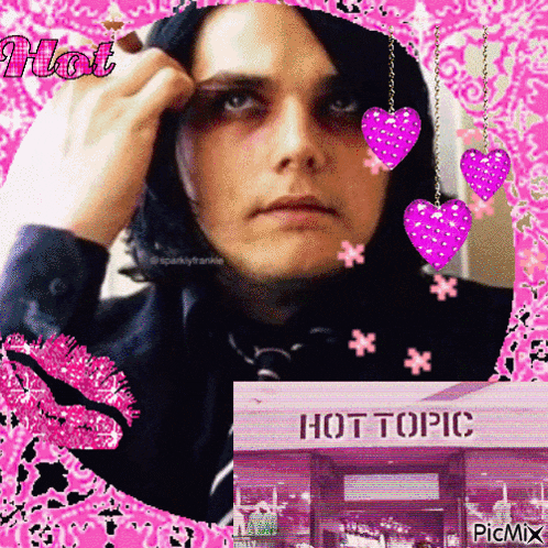 a picture of a man applying makeup next to a sign that says " hot topic "