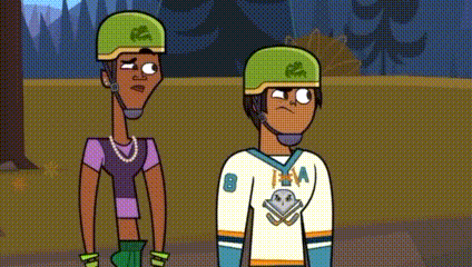 a couple of cartoon characters are standing next to each other in a park .
