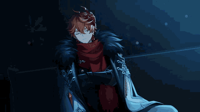 a cartoon character with a red scarf around his neck is sitting in a dark room