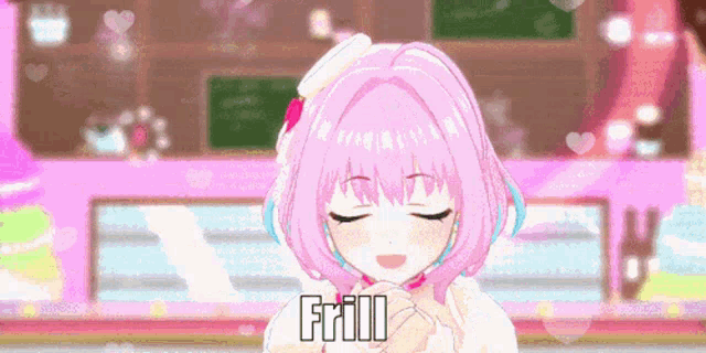 a girl with pink hair and blue eyes is standing in front of a pink background with hearts and a sign that says ff00 .