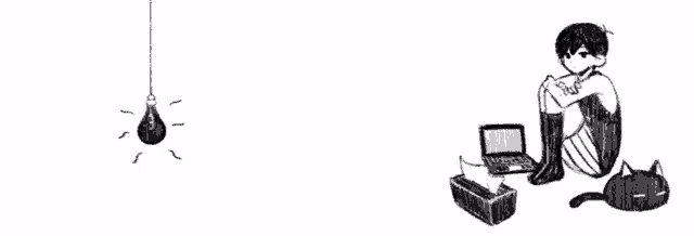 a black and white drawing of a person sitting on the floor with a laptop and a cat .