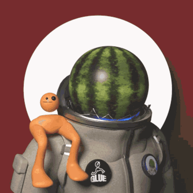 an astronaut with a watermelon on his head and a button that says glue on it