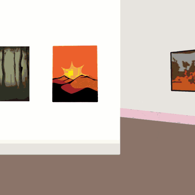 three paintings are hanging on a wall including one of a forest and one of a mountain