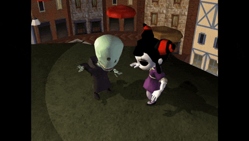 a couple of cartoon characters standing next to each other on a street