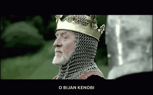 a knight with a crown on his head and the words " o bijan kenobi " below him