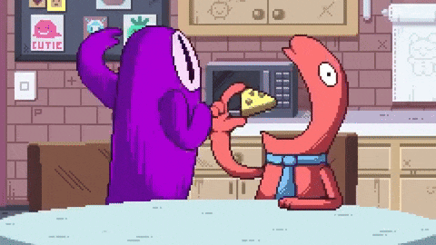 a pixel art drawing of a purple monster holding a piece of cheese