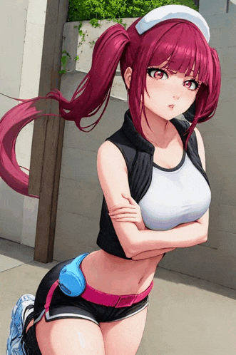 a girl with purple hair and red eyes is wearing shorts and a white hat