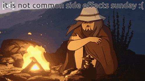 a cartoon of a man sitting in front of a fire with the words it is not common side effects sunday