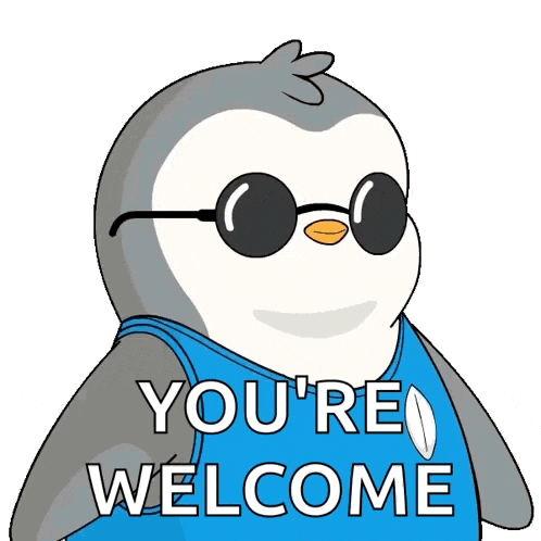 a penguin with sunglasses and a rainbow coming out of its mouth says you 're welcome