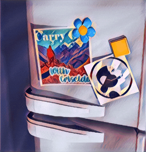 a painting of a refrigerator door with a carry with crueldad sticker