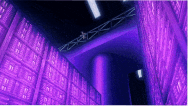 a man stands on a bridge in a purple room
