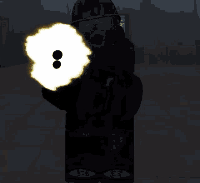a soldier in a gas mask is holding a gun with a flame coming out of it