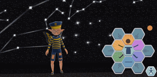 a boy in a striped shirt stands in front of a constellation