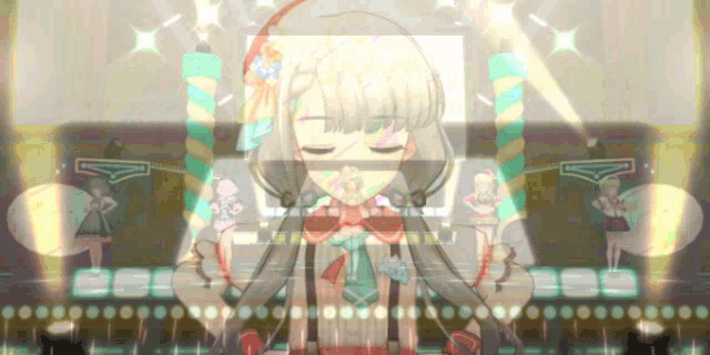 a girl with a bow on her head is standing on a stage