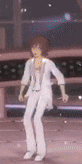 a person is dancing in a video game while wearing white pants and a white shirt .