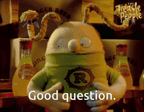 a cartoon character holding a bottle of ginger beer and the words good question