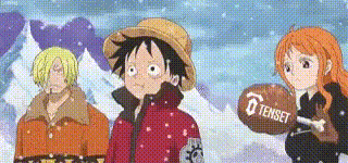 monkey d luffy , sanji , and nami are standing in the snow .