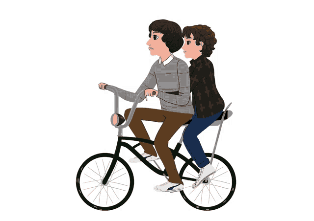 two boys are riding a tandem bicycle with a person riding on the back