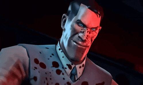 a close up of a man with blood on his shirt