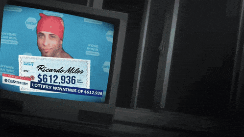 a tv screen shows a lottery winner named ricardo miles