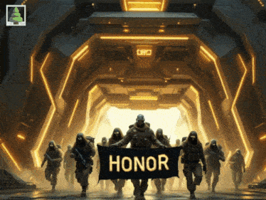 a group of soldiers marching in a tunnel holding a banner that says honor