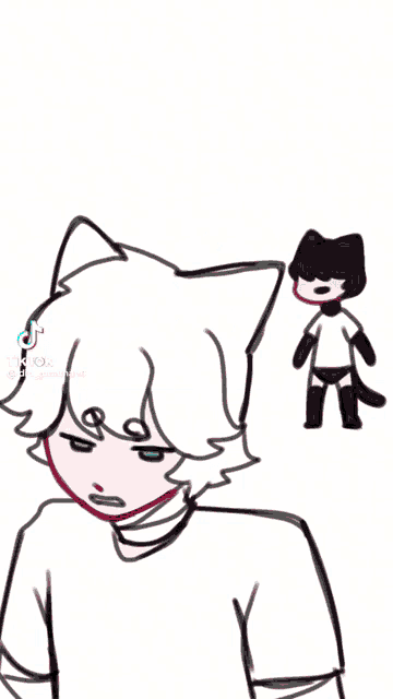 a drawing of a person standing next to a cat .