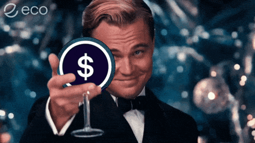 a man in a tuxedo is holding up a glass with a dollar sign on it